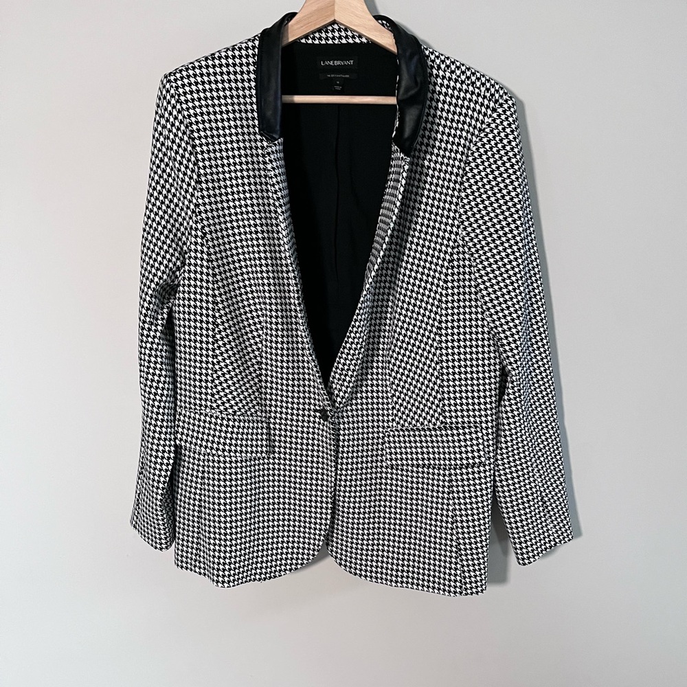 Lane Bryant Black White Houndstooth Blazer Faux Leather‎ Collar Plus Size 18W